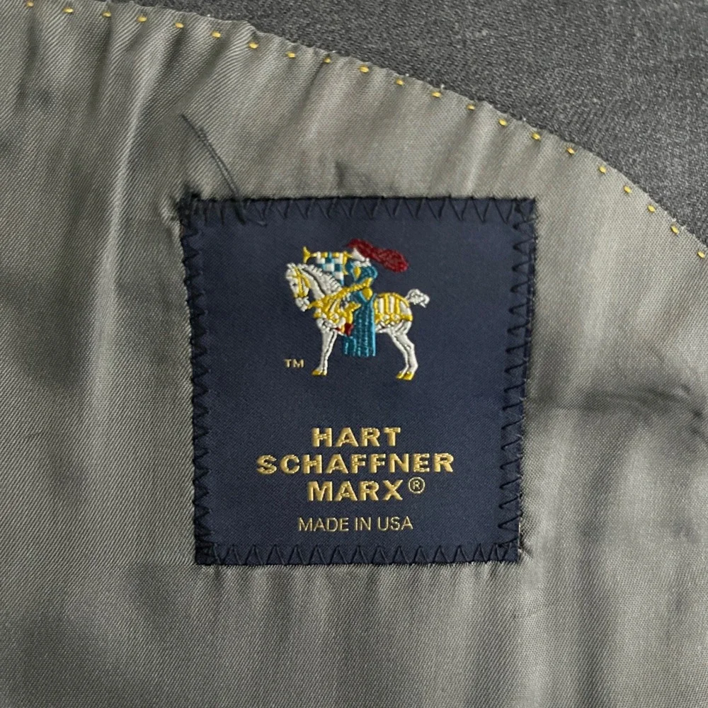 Hart Schaffner Marx Suit Mens 44S W39 Gray Solid Wool Two Button USA Made